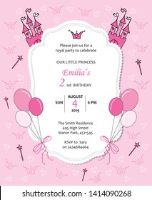 Baby Girl Royal Birthday Invitation With Balloons, Castle, Hearts And Crowns. Little Princess Template Card In The Lace Frame On Pink Background.