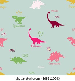 Baby girl seamless pattern with dino stegosaurus, pink tyrannosaurus, triceratops, brachiosaurus with hearts, crowns, flowers. Cute dinosaur design for cool t-shirt. Vector print on blue background.