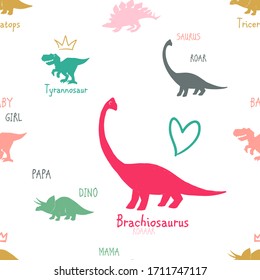 Baby girl seamless pattern with dino stegosaurus, pink tyrannosaurus, triceratops, brachiosaurus with hearts, crowns, flowers. Cute dinosaur design for cool t-shirt. Vector print on white background.