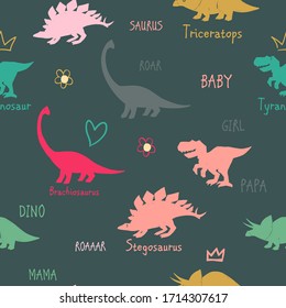 Baby girl seamless pattern with dino stegosaurus, pink tyrannosaurus, triceratops, brachiosaurus with hearts, crowns, flowers. Cute dinosaur design for cool t-shirt. Vector print on dark background.