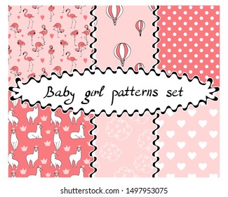 Baby girl seamless patterns set. Repeated ornaments collection with different drawings and textures for children fabric and textile. Vector illustration.