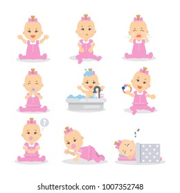 Baby girl set. Cute child in pink sleeping, playing and eating.