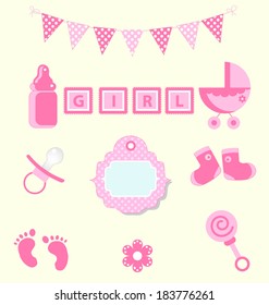 Baby girl set of design element for scrapbook and baby shower pink colors