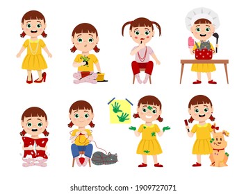 La niña. Comportamiento de niños traviesos. Pequeños trucos. Los niños juegan y crecen. Carácter gracioso. Ilustración vectorial editable en un estilo de caricatura plano aislado en un fondo blanco.