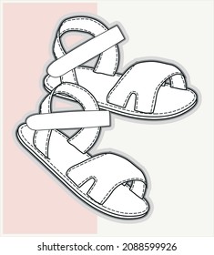 Baby girl shoes flat sketch, vector illustration, shoe design, baby shoes technical drawing