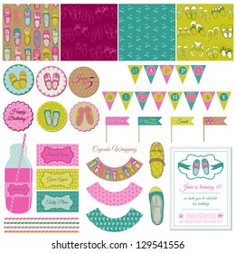 Set de la fiesta de los zapatos de la niña bebé - para cumpleaños, decoración, scrapbook - en vector