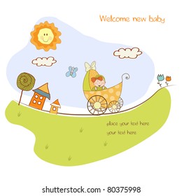 baby girl shower announcement card with pram