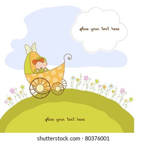 baby girl shower announcement card with pram