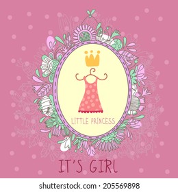 Baby Girl Shower and Arrival Card with girls' attributes.With place for your foto and text in vector.