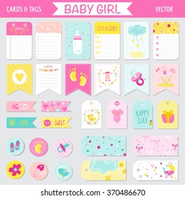 Baby Girl Shower or Arrival Set - Tags, Banners, Labels, Cards - in vector