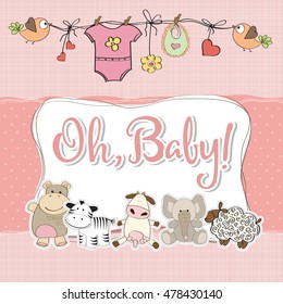 baby girl shower card with animals, vector format