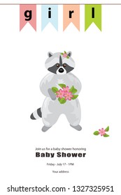 Baby girl shower card. Arrival card with place for your text.Grey raccoon stands with a bouquet of pink flowers in its paws. At the top there is a banner colorful flags. It`s a girl. Isolated
