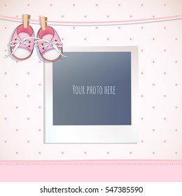 Baby girl shower card. Arrival card with place for your photo.