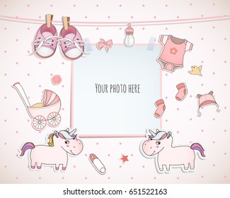 Baby girl shower card. Arrival card with place for your photo.