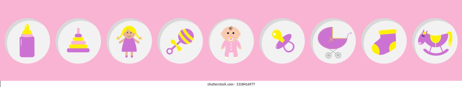 Baby girl shower card. Its a girl. Bottle, horse, rattle, pacifier, sock, doll, baby carriage pyramid toy. Round icon set line. Isolated. Pink background Flat design Vector illustration