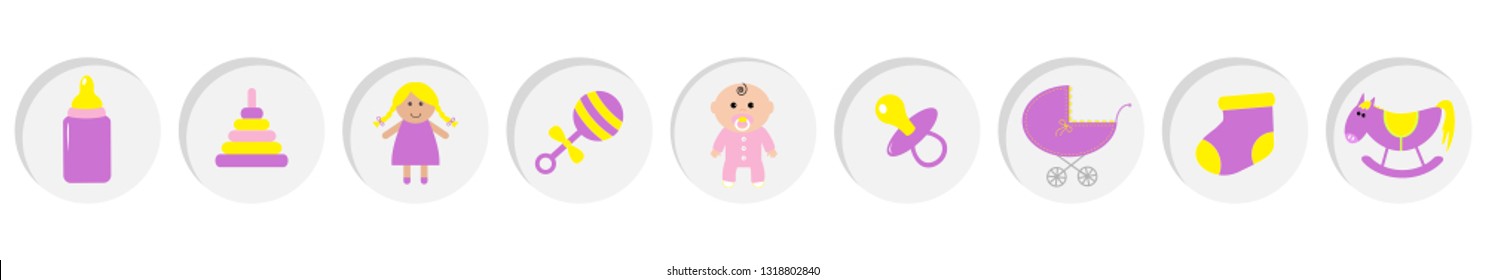 Baby girl shower card. Its a girl. Bottle, horse, rattle, pacifier, sock, doll, baby carriage pyramid toy. Round icon set line. Isolated. White background Flat design Vector illustration