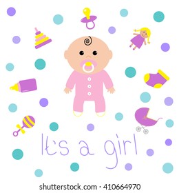 Baby girl shower card Bottle, horse, rattle, pacifier, sock, doll, baby carriage, pyramid toy. Its a girl. White background with circle dot. Isolated. Flat design Vector illustration