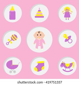 Baby girl shower card.  Its a girl. Bottle, horse, rattle, pacifier, sock, doll, baby carriage pyramid toy. Pink background Flat design. Vector illustration