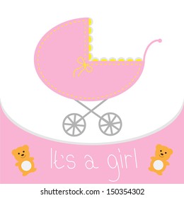 Baby girl shower card. Baby carriage. It's a girl