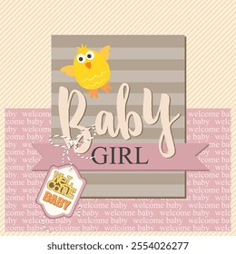 Baby girl shower card with chicken and lettering