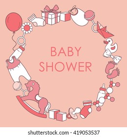 Baby girl shower card. Colorful invitation vector. Newborn baby girl background. Illustration with baby icons and child toys