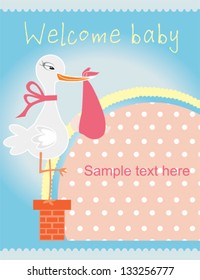 Baby girl shower card with cute stork