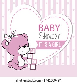 Baby girl shower card. Cute bear