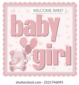 Baby girl shower card with elephant, balloons and lettering