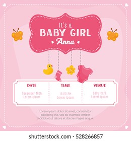 Baby girl shower card. Invitation template with cute toys, place for your text. Labels with letters and kids illustration.