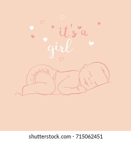 Baby Girl Shower Card. Lovely Newborn Baby Sleeping. Contour Sketch, Hand Drawn. It's A Girl Greeting card.