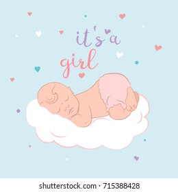 Baby Girl Shower Card. Lovely Newborn Baby Sleeping on the cloud. Its A Girl Greeting Card.