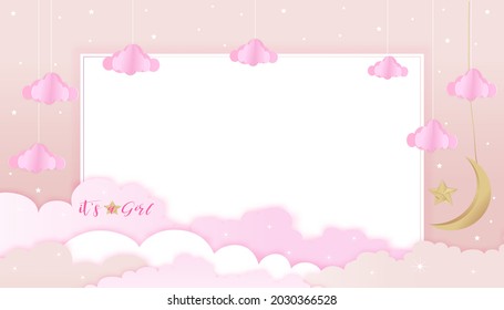 Baby girl shower card on pink sky and cloud background,Vector Cute Paper art origami cloudscape, crescent moon and stars on peach background, Cartoon backdrop with copy space for baby's photos