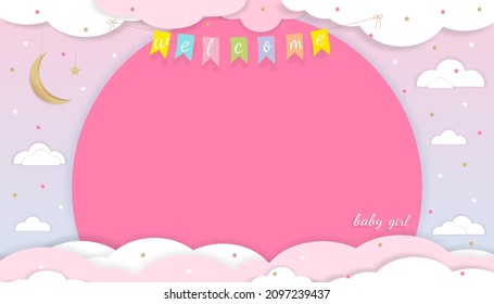 Baby Girl shower card on Pink background,Paper art abstract origami cloudscape, crescent moon and stars on Pink sky,Vector illustration Cute paper cut with copy space for Girl's photos