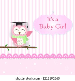 Baby girl shower card with Owl on pink. Greeting card paper art, paper craft style illustration