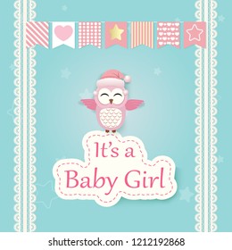 Baby girl shower card with Pink Owl on green. Happy Birthday card paper art style illustration