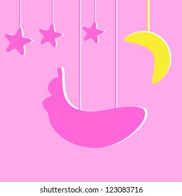 Baby girl shower card with pink colored cradle and several pink stylized stars and one yellow moon hanging over it