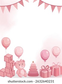 Baby girl shower card with pink flat baby elements and decorations in the background, perfect for invitations, announcements or nursery prints