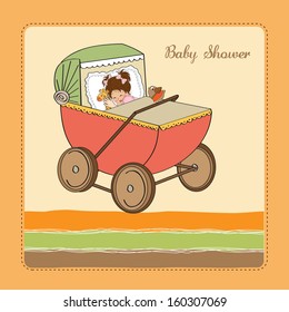 baby girl shower card with retro stroller, vector illustration