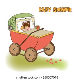 baby girl shower card with retro stroller, vector illustration