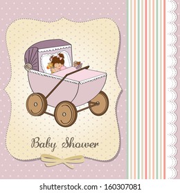baby girl shower card with retro stroller, vector illustration