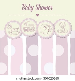 baby girl shower card with retro toys, vector illustration