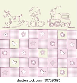 baby girl shower card with retro toys, vector illustration