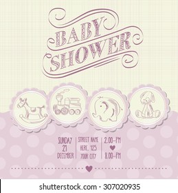 baby girl shower card with retro toys, vector illustration