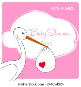 baby girl shower card, stork is carrying a baby! the announcement on fluffy white clouds