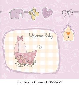 baby girl shower card with stroller, illustration in vector format