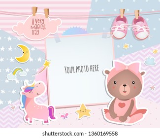 Baby girl shower card. Teddy bear. Arrival card with place for your photo.