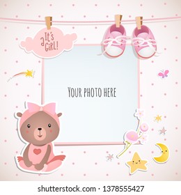 Baby girl shower card. Teddy bear. Arrival card with place for your photo.