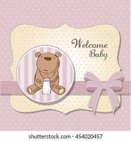 baby girl shower card with teddy bear, vector eps10