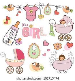  Baby Girl Shower Elements Set Isolated On White Background