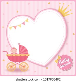 Baby Girl Shower Greeting Card For New Born Girls Decorated With Baby Stroller On Pink Heart Frame Background.